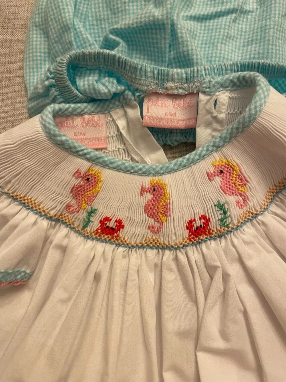 Petit Bebe Smocked Pink Seahorse and Red Crabs Set Size 12 Months